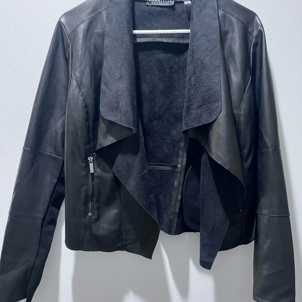 Faux Leather Sophisticated Black Draped Blazer